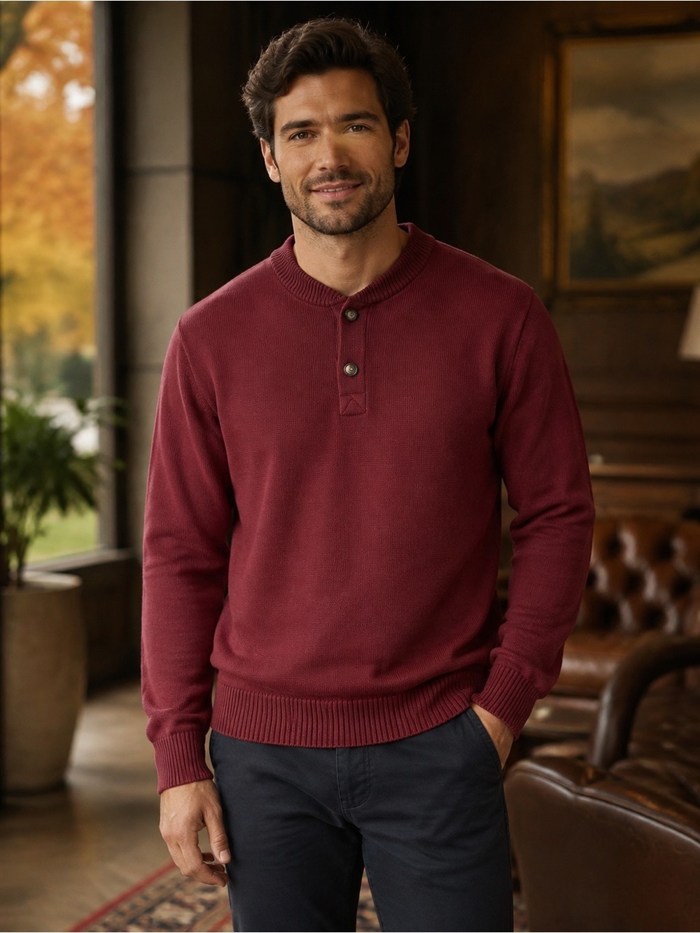 Eddie Bauer Men’s XXL Burgundy Henley Pullover Sweater Long Sleeve